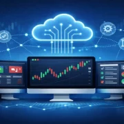 Illustration showing a cloud-based trade synchronization system connecting multiple trading screens with charts, API network icons, and security shield.