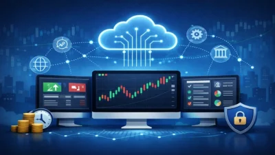 Illustration showing a cloud-based trade synchronization system connecting multiple trading screens with charts, API network icons, and security shield.
