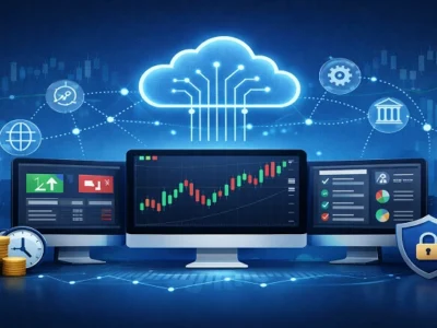 Illustration showing a cloud-based trade synchronization system connecting multiple trading screens with charts, API network icons, and security shield.