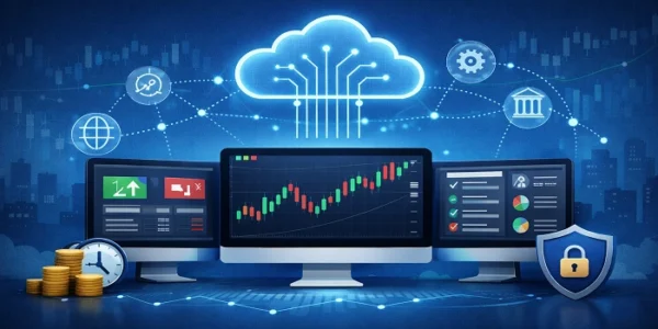 Illustration showing a cloud-based trade synchronization system connecting multiple trading screens with charts, API network icons, and security shield.