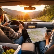 Driver and passenger traveling on a scenic road trip with map, snacks, and water to stay comfortable during a long drive