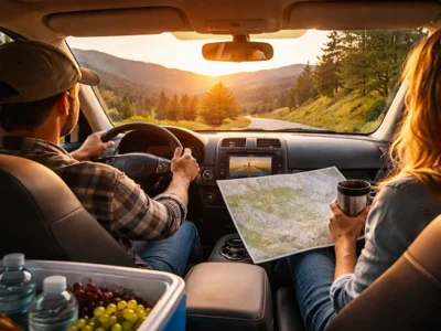 Driver and passenger traveling on a scenic road trip with map, snacks, and water to stay comfortable during a long drive