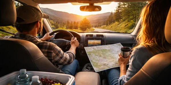 Driver and passenger traveling on a scenic road trip with map, snacks, and water to stay comfortable during a long drive