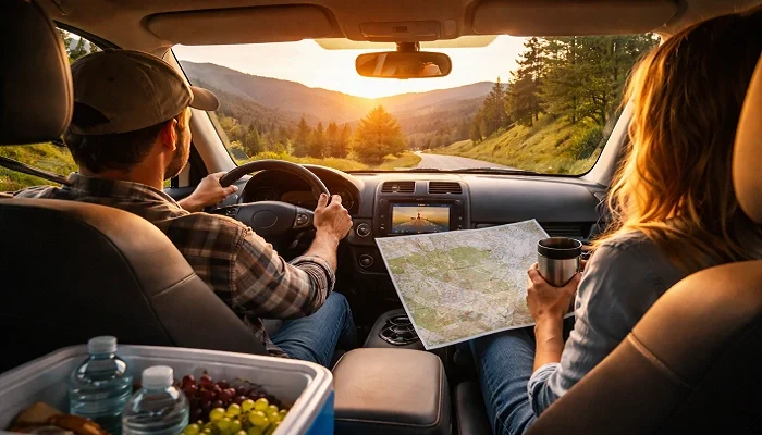 Driver and passenger traveling on a scenic road trip with map, snacks, and water to stay comfortable during a long drive