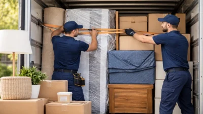 Professional movers securing furniture and boxes inside a moving truck before transport