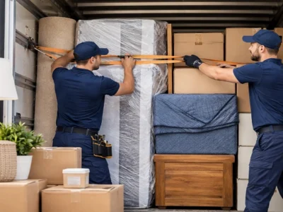 Professional movers securing furniture and boxes inside a moving truck before transport
