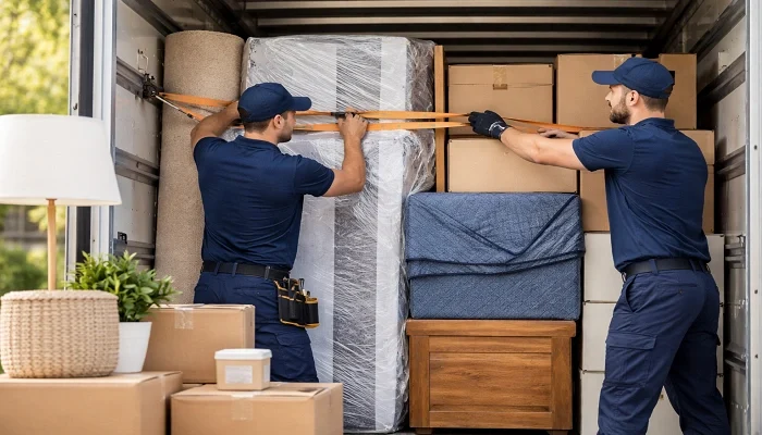 Professional movers securing furniture and boxes inside a moving truck before transport
