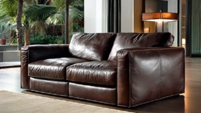 Luxury brown leather lounge in a modern living room with elegant interior design