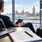 Business traveler preparing for a UK business trip at an airport with passport, luggage, and London skyline