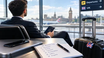Business traveler preparing for a UK business trip at an airport with passport, luggage, and London skyline