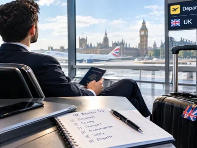 Business traveler preparing for a UK business trip at an airport with passport, luggage, and London skyline