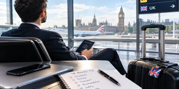 Business traveler preparing for a UK business trip at an airport with passport, luggage, and London skyline