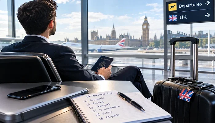 Business traveler preparing for a UK business trip at an airport with passport, luggage, and London skyline