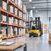 Organized warehouse with storage racks, inventory boxes, and material-handling equipment