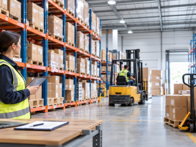Organized warehouse with storage racks, inventory boxes, and material-handling equipment