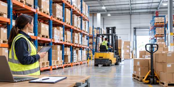 Organized warehouse with storage racks, inventory boxes, and material-handling equipment