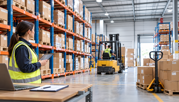 Organized warehouse with storage racks, inventory boxes, and material-handling equipment